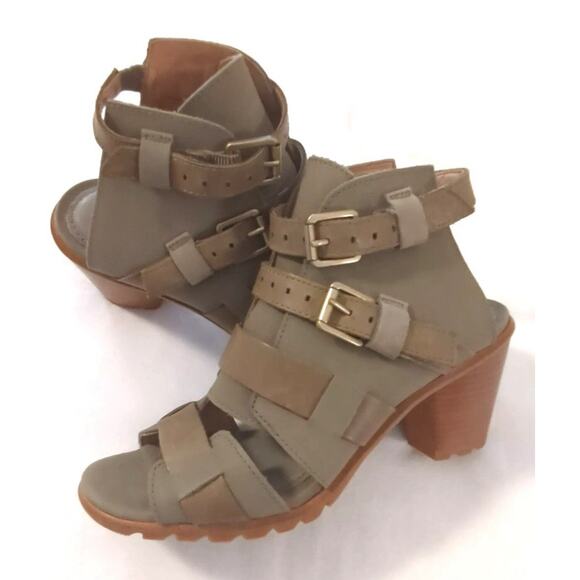 Sorel Leather Nadia Sandals Women 8 Heels Olive Green Strappy Buckles Boho New - Picture 1 of 5